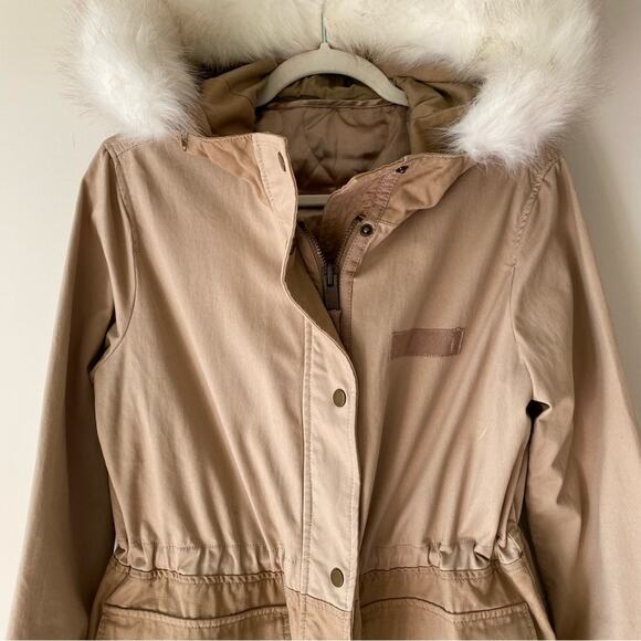 GAP 2-in-1 Parka Coat Jacket with Fur Trim Removable Lining Khaki Tan Hooded S - Picture 3 of 15
